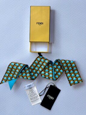 Fendi Blue Brown Geometric Silk Long Scarf Wrappy